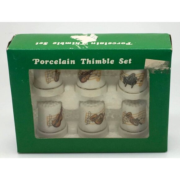 Porcelain Thimble Set Musical Instruments Set Of 6 Gift For Music Teacher - Picture 1 of 2